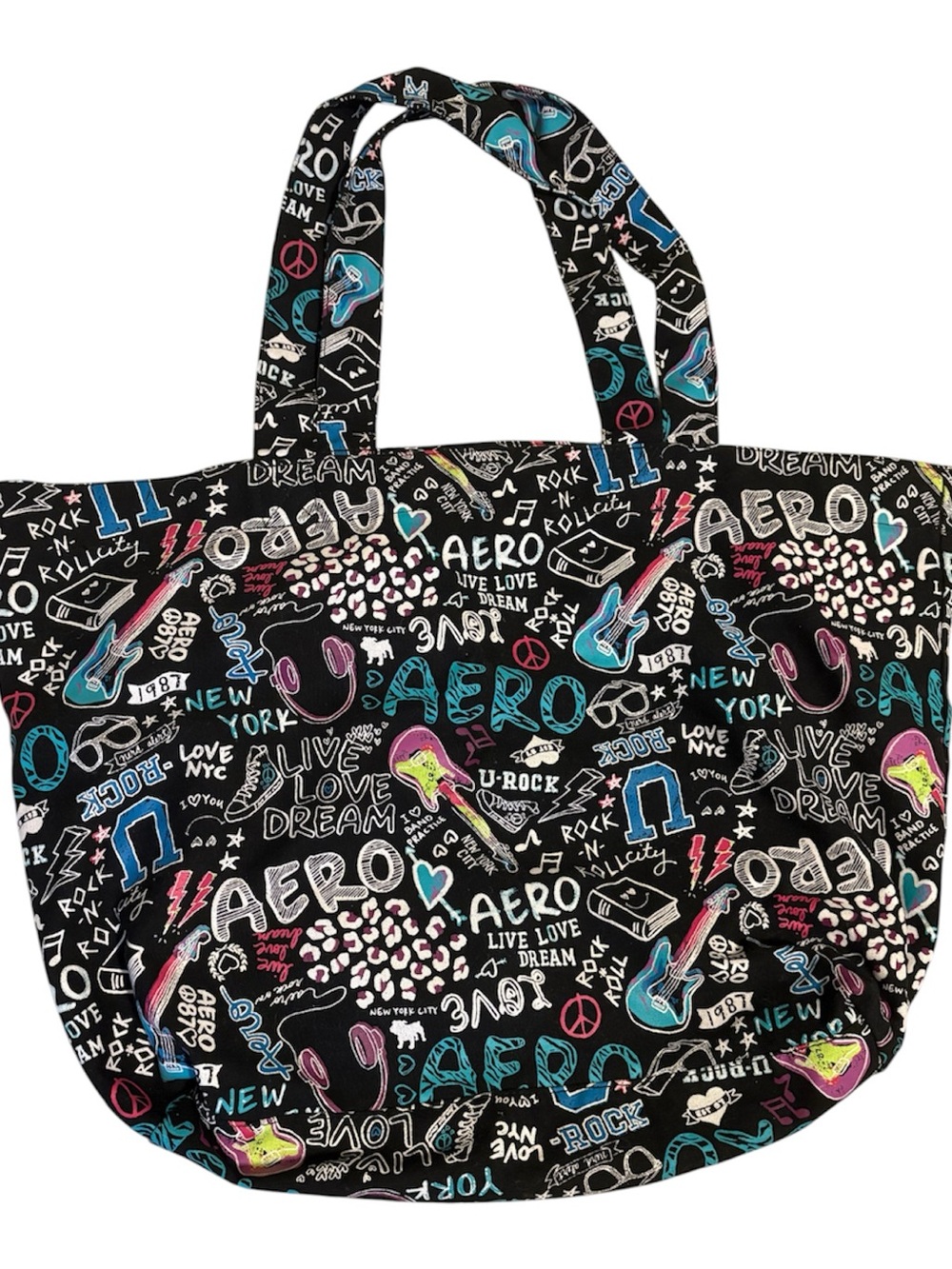 Aeropostale Black Graphic Tote with Teal, Pink, Purple & Lime Accents